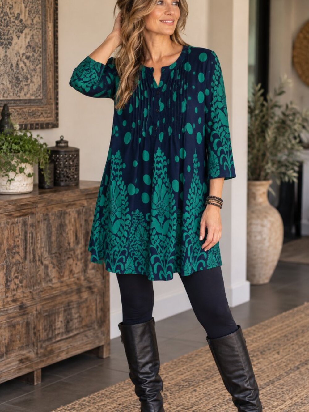 670 - Reborn L Navy Emerald Green Boho Sweater Knit Tunic Top Artsy